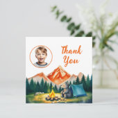 水彩ホワイト キャンピングベア 子供 写真 誕生日 サンキューカード (スタンド正面)