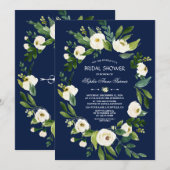 水彩ホワイト フローラル ネイビーブルー ブライダルシャワー 招待状 (正面/裏面)