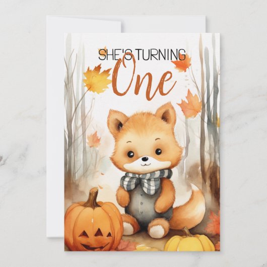 水彩ホワイト&ブラウンキツネカボチャ1st誕生日 招待状 (正面)