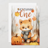 水彩ホワイト&ブラウンキツネカボチャ1st誕生日 招待状 (正面/裏面)