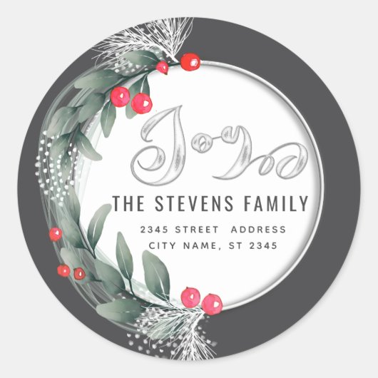水彩ボタニカルな花輪のスクリプトで冬の喜び ラウンドシール (正面)