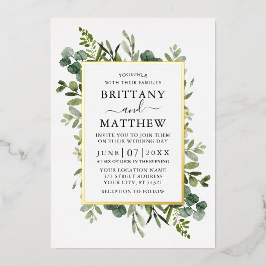 水彩ボタニカルグリーンウェディング ゴールド 箔招待状 (正面)