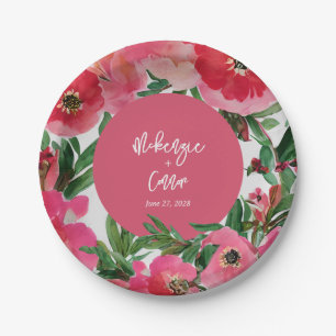 水彩ボタニカルピンクアネモンフローラ結婚ズ ペーパープレート