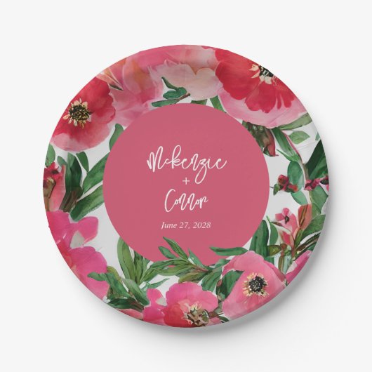 水彩ボタニカルピンクアネモンフローラ結婚ズ ペーパープレート (正面)