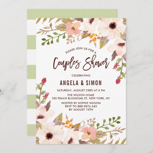 水彩ボヘミアの花カップルのシャワー 招待状 (正面/裏面)