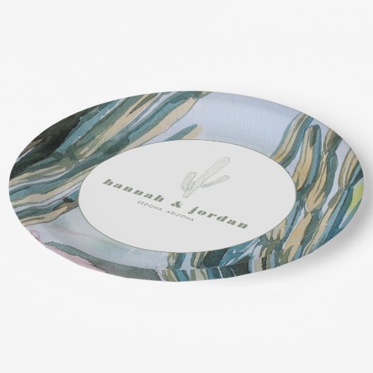 水彩ボヘミアンサボテン緑の結婚砂漠 ペーパープレート (アングル)