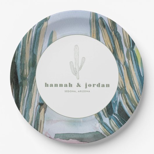 水彩ボヘミアンサボテン緑の結婚砂漠 ペーパープレート (正面)