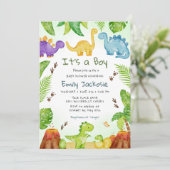 水彩ボヘミアンチック恐竜グリーン男の子赤ちゃん 招待状 (スタンド正面)