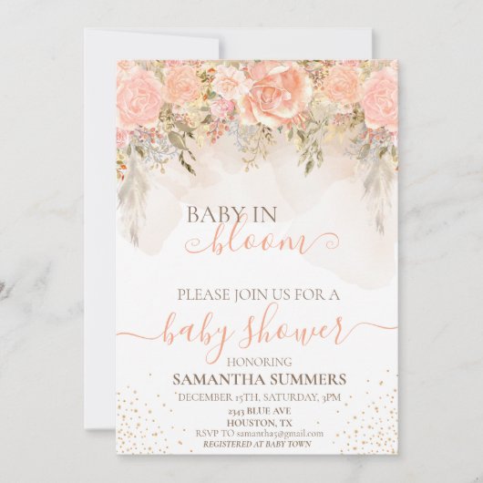水彩ボヘミアンピーチ開花ベイビーシャワー 招待状 (正面)