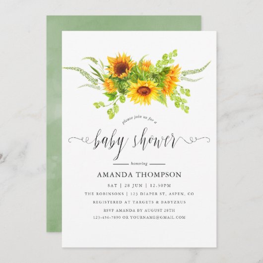 水彩ボヘミアンボホサンフラワーベビーシャワー 招待状 (正面/裏面)