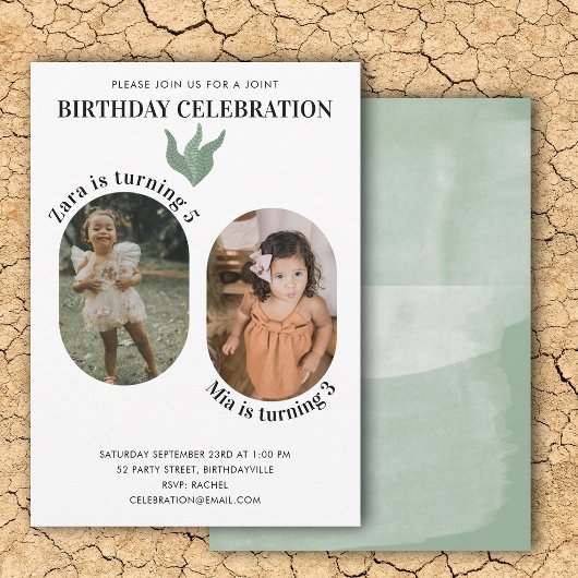 水彩ボヘミアン グリーンの双子の誕生日 2枚の写真入り 招待状