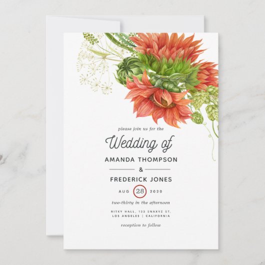 水彩ボヘミ素朴アン赤ひまわり結婚の 招待状 (正面)