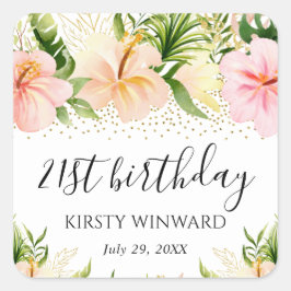 水彩ボホトロピカルピンクの花誕生日 スクエアシール