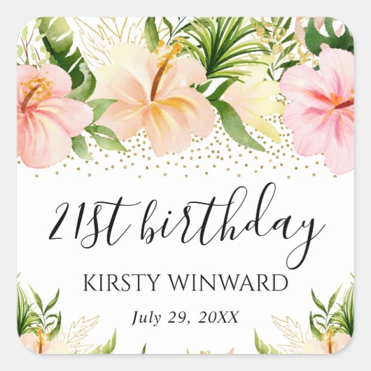 水彩ボホトロピカルピンクの花誕生日 スクエアシール (正面)