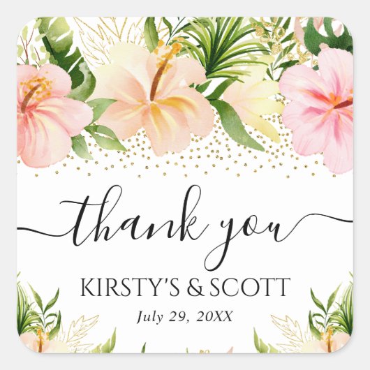 水彩ボホトロピカルピンク結婚の花 スクエアシール (正面)