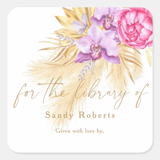 水彩ボホパンパスグラス、のライブラリのために スクエアシール (正面)