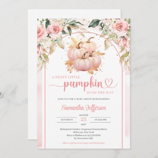 水彩ボホピンクと金ゴールドカボチャのアーチフローラ 招待状 (正面/裏面)