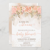 水彩ボホピーチイン開花花赤ちゃんシャワー 招待状 (正面/裏面)