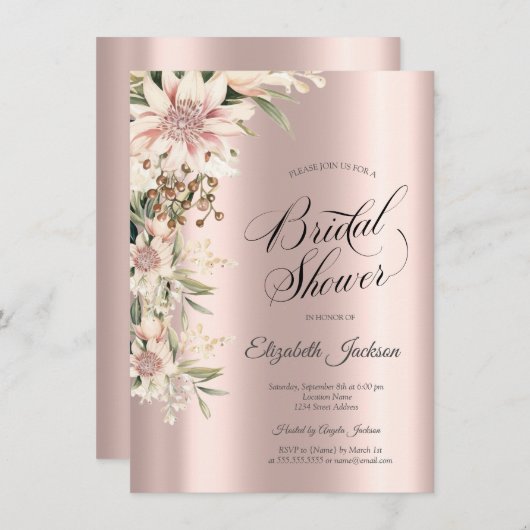 水彩ボホフラワーズバラ金ゴールドブライダルシャワー 招待状 (正面/裏面)