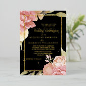 水彩ボホフラワーブラックnピンク結婚の金ゴールド 箔招待状 (立ち正面)