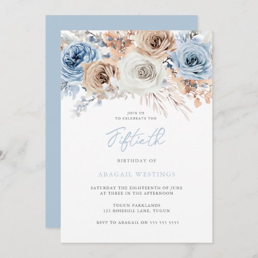 水彩ボホブルーフローラ50誕生日 招待状 (正面/裏面)