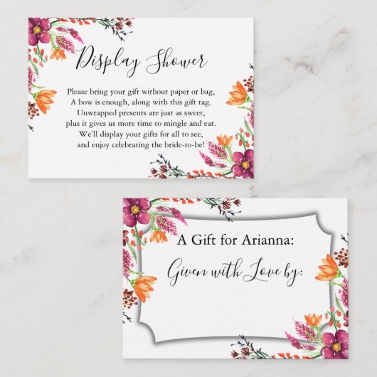 水彩ボホワイルドフラワーディスプレイブライダルシャワー エンクロージャーカード (正面/裏面)