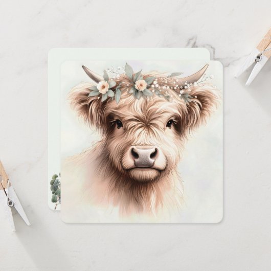 水彩ボホーなハイランド牛の花冠のイラスト 招待状 (正面/裏面インサイチュ)