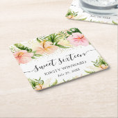 水彩ボホ熱帯ピンクの花スイーツ16 スクエアペーパーコースター (アングル)