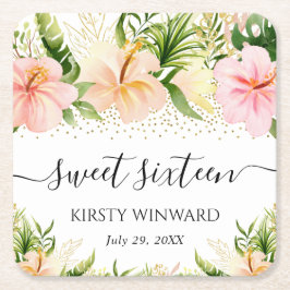 水彩ボホ熱帯ピンクの花スイーツ16 スクエアペーパーコースター