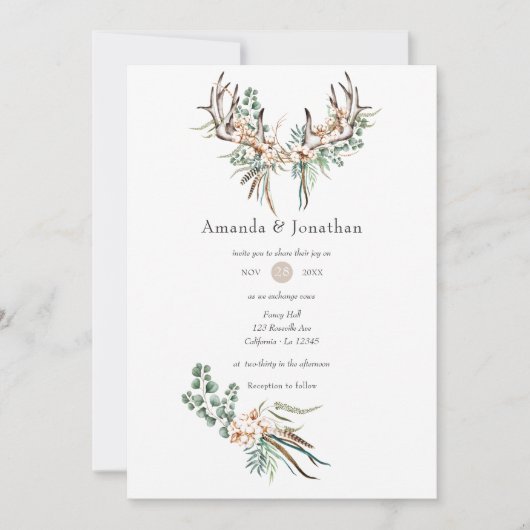 水彩ボホ コットンとユーカリ ボホ ウェディング 招待状 (正面)