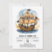 水彩ボートトレジャーマップパイレーツ誕生日 招待状 (正面)