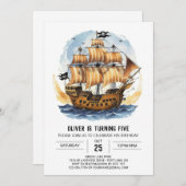水彩ボートトレジャーマップパイレーツ誕生日 招待状 (正面/裏面)