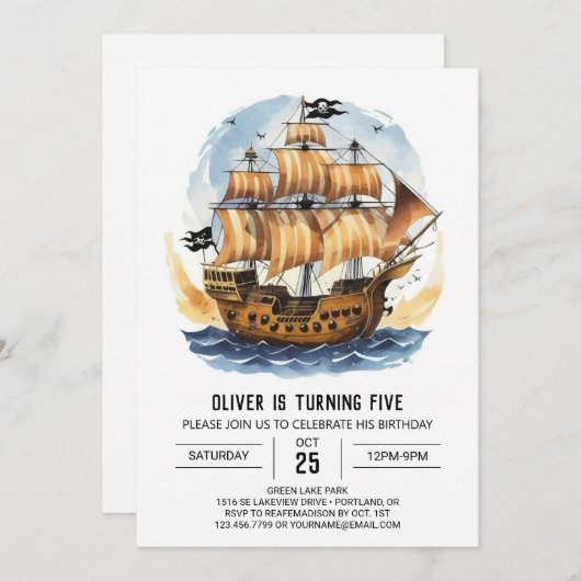 水彩ボートトレジャーマップパイレーツ誕生日 招待状 (正面/裏面)
