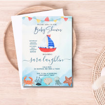 水彩ボートベビー航海のシャワー招待状
