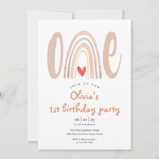 水彩ボーホレインボーハート写真1st誕生日 招待状 (正面)