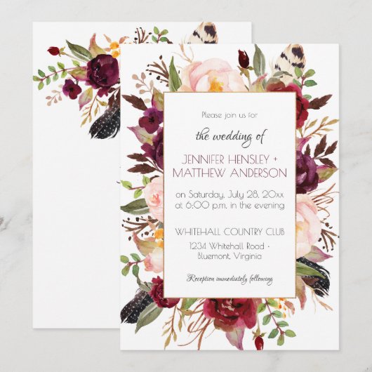 水彩ボーホーマルサラ レッド バーガンディ ローズ フレーム | 招待状 (正面/裏面)