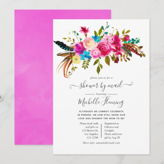 水彩ボーホー シック フラワー ベビーシャワー by メール 招待状 (正面/裏面)