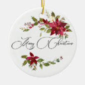 水彩ポインセチアとホリーのクリスマスフォト セラミックオーナメント (正面)