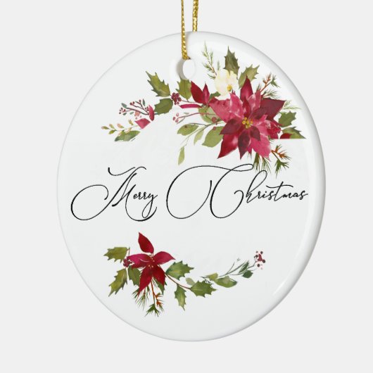 水彩ポインセチアとホリーのクリスマスフォト セラミックオーナメント (左)