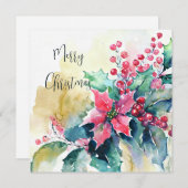 水彩ポインセチアとホリークリスマスカスタム シーズンカード (正面/裏面)