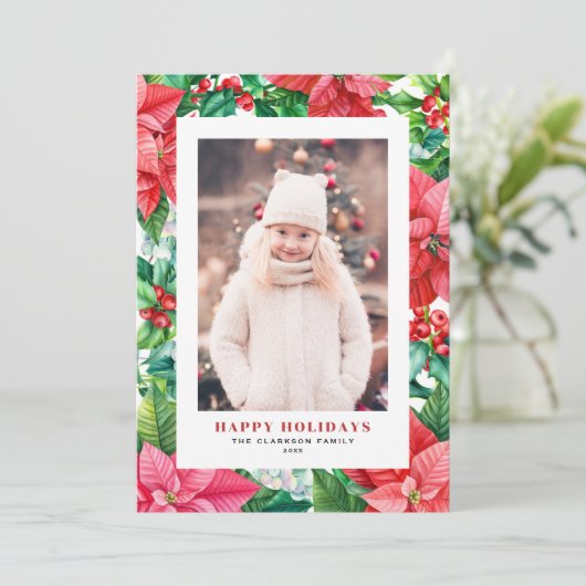 水彩ポインセチアとホリー写真クリスマス シーズンカード (スタンド正面)