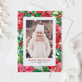 水彩ポインセチアとホリー写真クリスマス シーズンカード