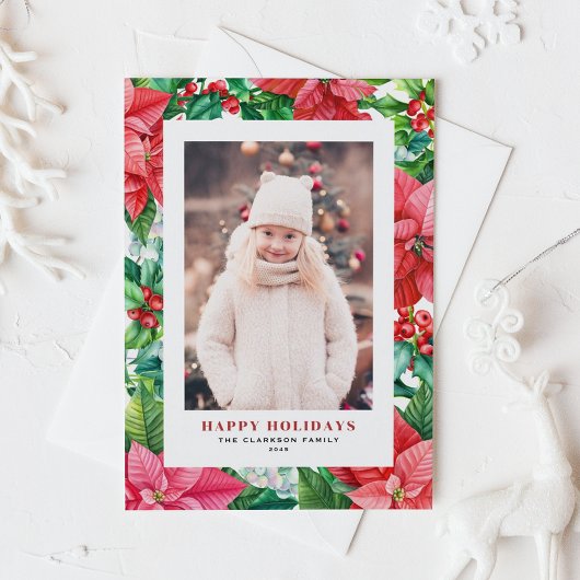 水彩ポインセチアとホリー写真クリスマス シーズンカード