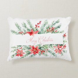 水彩ポインセチアと緑 アクセントクッション