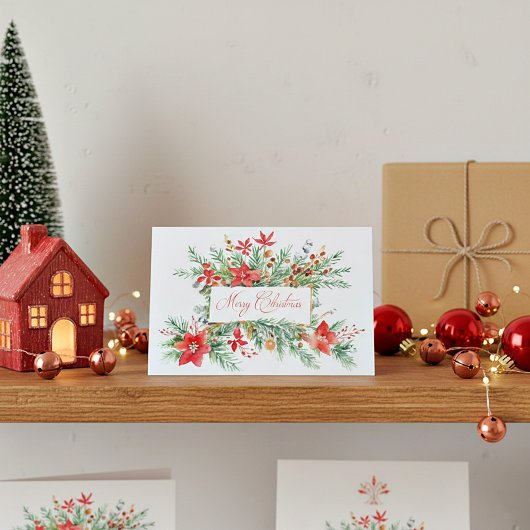 水彩ポインセチアと緑 シーズンカード