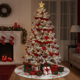 水彩ポインセチアと緑 ブラッシュドポリエステルツリースカート