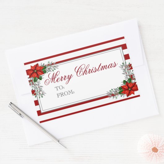 水彩ポインセチアのクリスマスラベル 長方形シール (封筒)