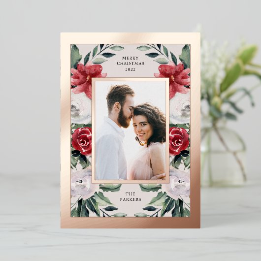 水彩ポインセチアの花と写真とゴールド 箔シーズンカード (立ち正面)