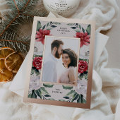 水彩ポインセチアの花と写真とゴールド 箔シーズンカード