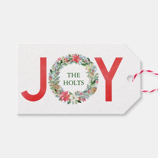 水彩ポインセチアクリスマスリースジョイ ギフトタグ (正面(横))